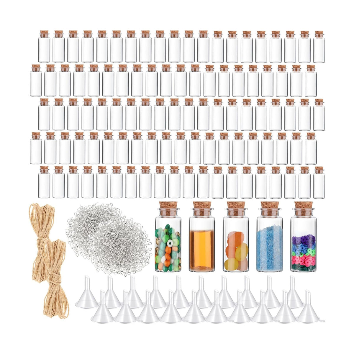 Bokon 100 Packs 15ml Mini Plastic Bottles with Corks Eye Screws Funnels