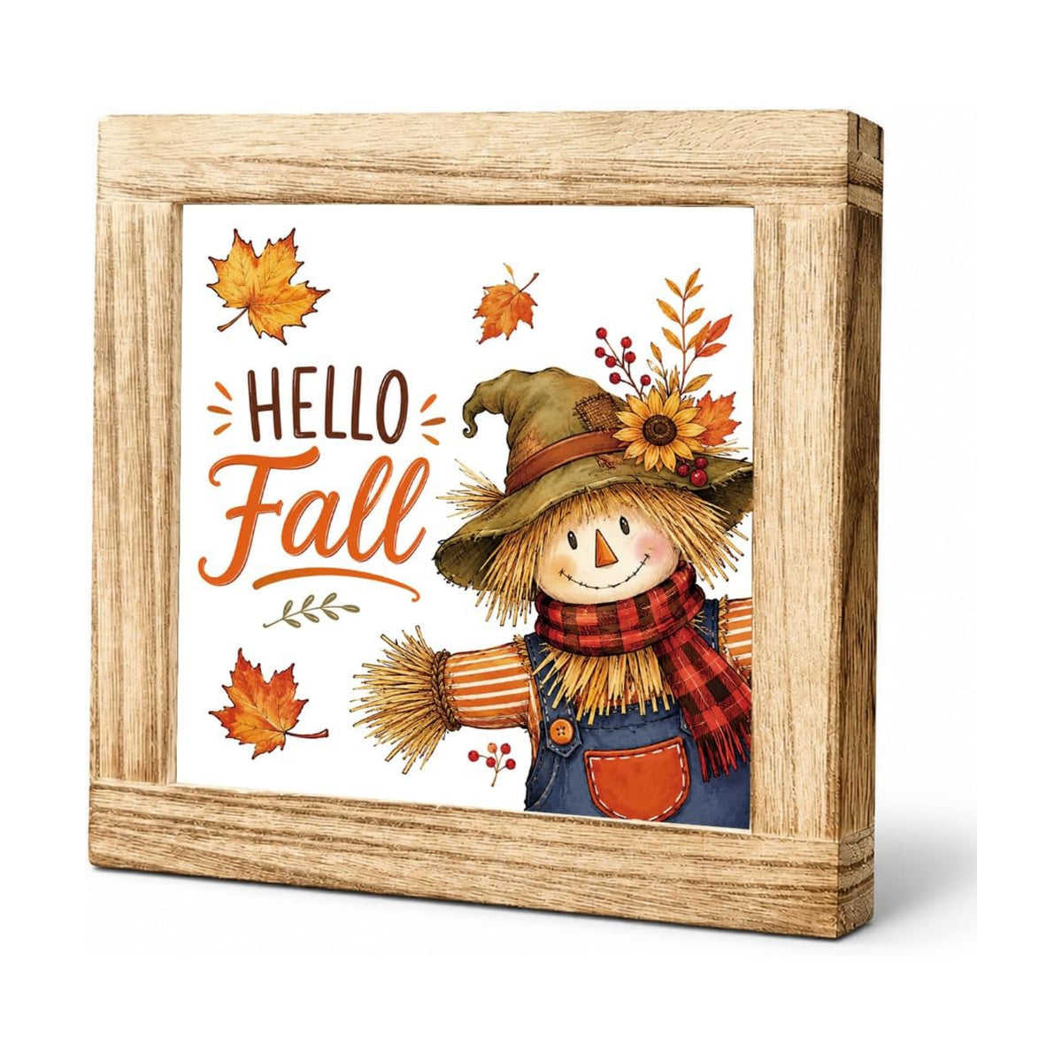 Fall Wood Sign, Hello Fall Scarecrow and Maple Leaf Tabletop Decor