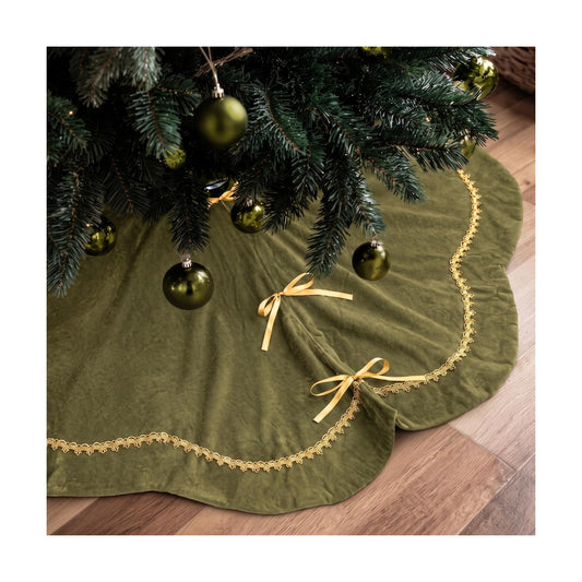 Arrowbash Olive Green 72 Inch Christmas Tree Skirt Velvet Scallop Ddge