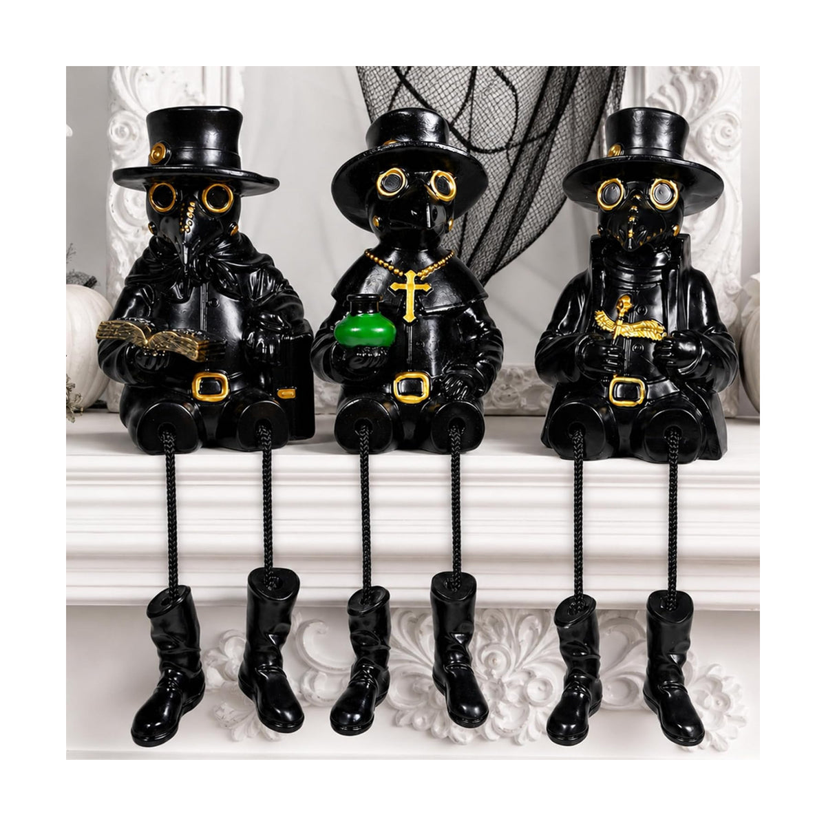 Exasinine 3 Pcs Halloween Plague Doctor Figurines with Dangling Legs Resin Gothic Crow Shelf Sitting Statues for Halloween Table Fireplace Indoor Gothic Home Decor Ornaments