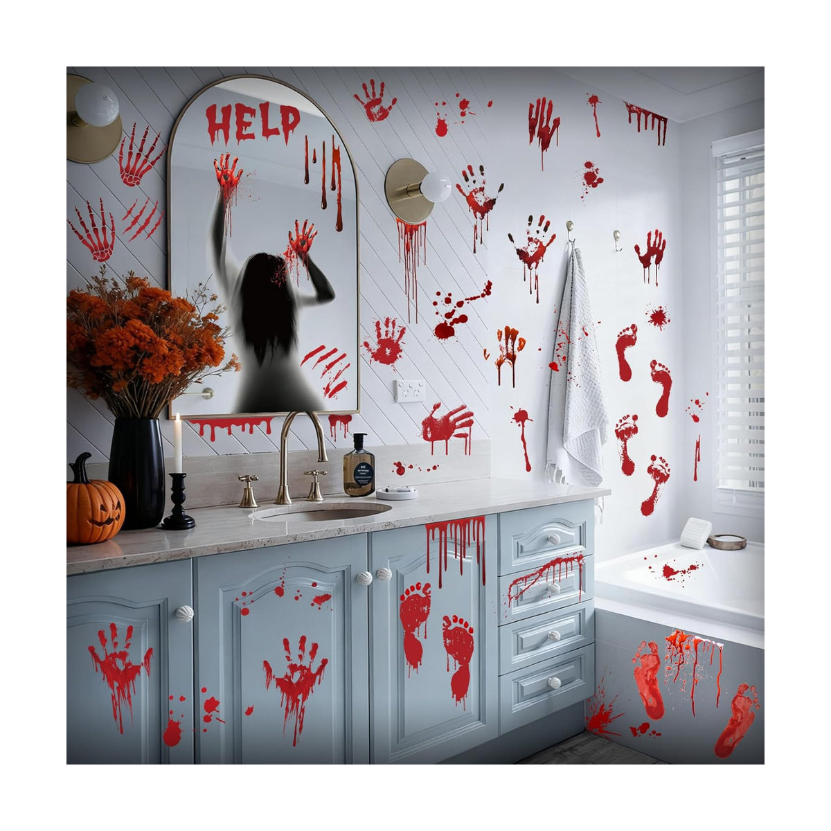 Halloween Bloody Handprint Footprint Horrible Window Bathroom Floor Decor