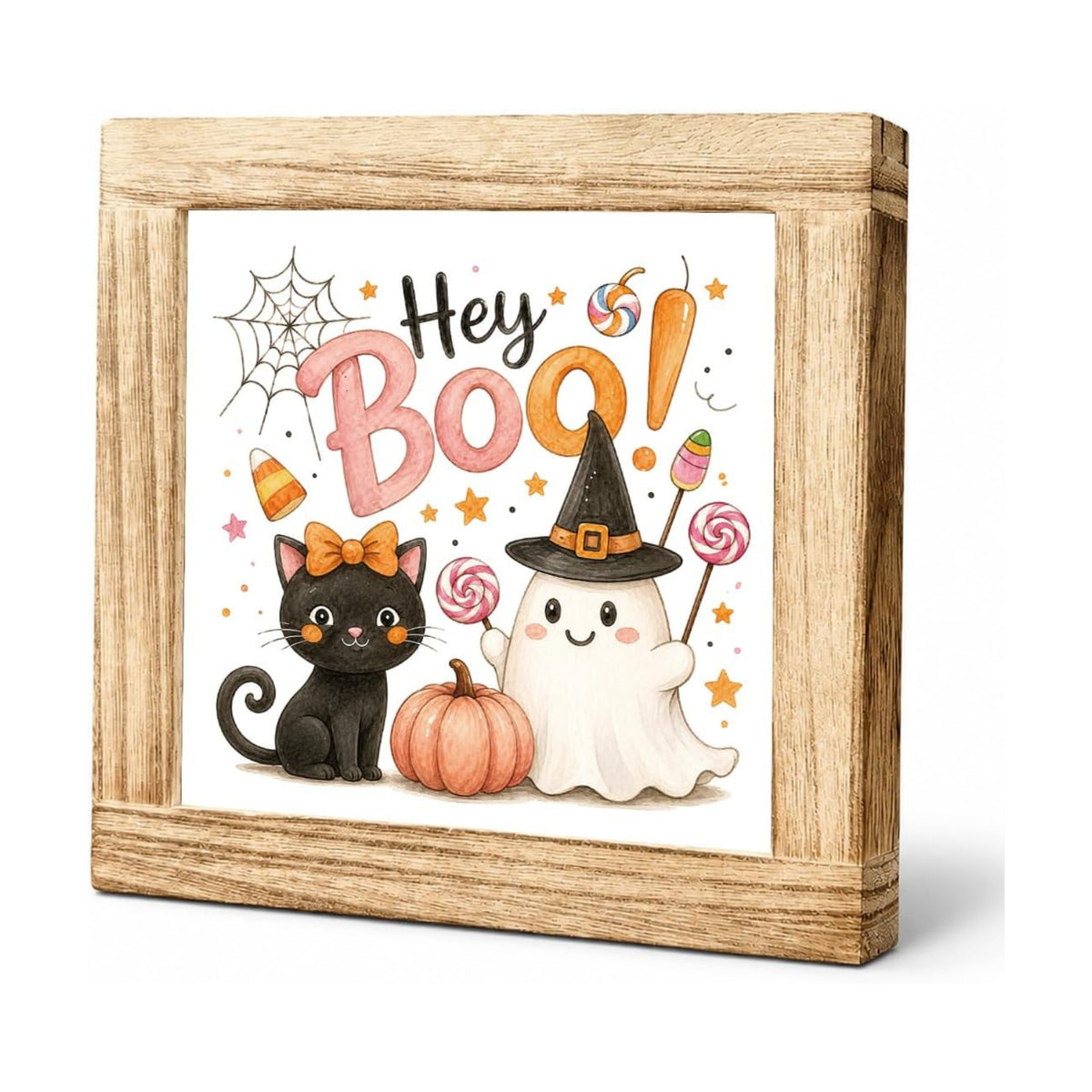 Halloween Wooden Sign, Hey Boo Ghost Witch and Black Cat Tabletop Decor