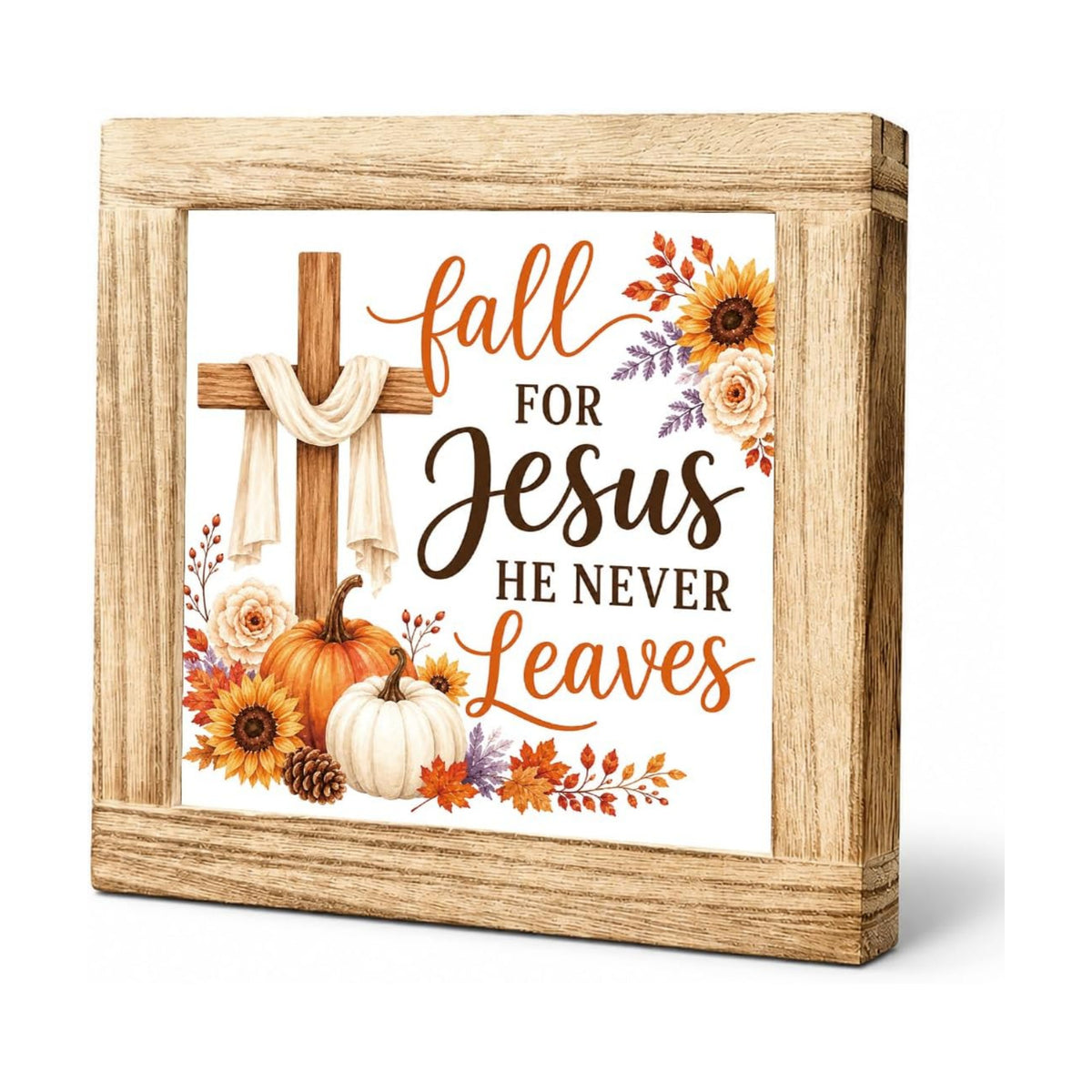 Christian Fall Wood Sign, Fall for Jesus Cross Pumpkin Tabletop Decor