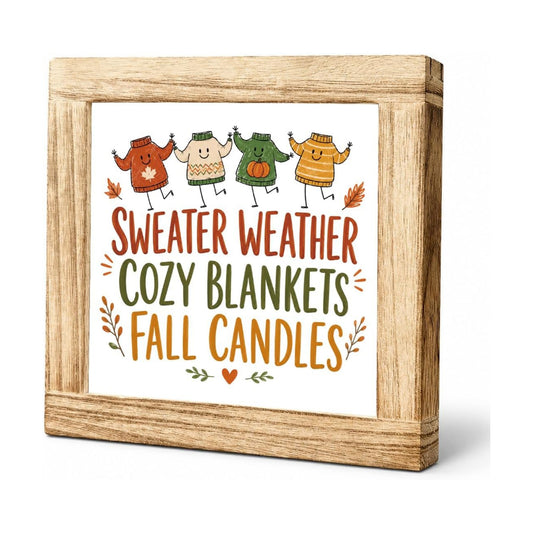 Fall Wood Sign, Sweater Weather Cozy Blankets and Candles Tabletop Decor
