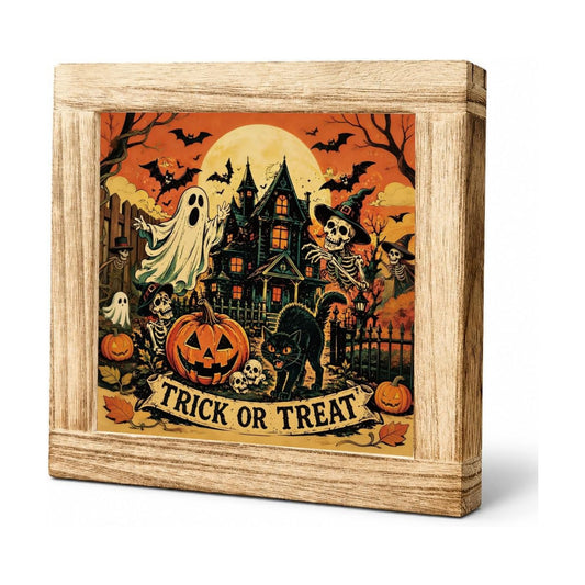 Vintage Halloween Wooden Sign, Trick or Treat Haunted House Tabletop Decor