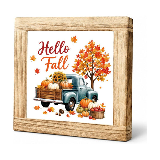 Fall Wood Sign, Hello Fall Vintage Truck and Pumpkin Tabletop Decor