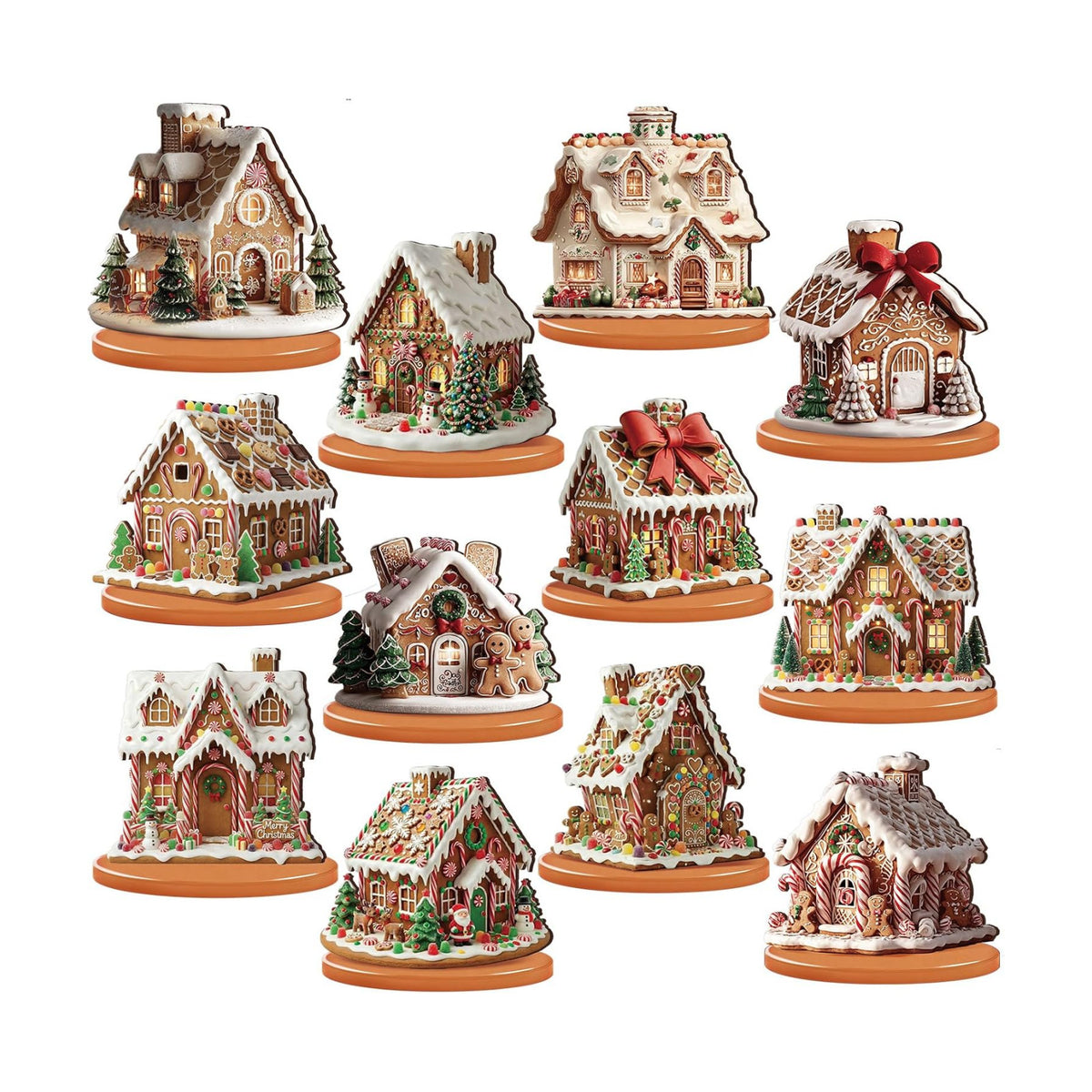Leinuosen 12 Pcs Gingerbread Christmas Table Decoration Gingerbread House Tiered Tray Decor Wooden Ginger Bread Village Centerpiece Farmhouse Xmas Decor for Home Kitchen Coffee Bar Shelf Indoor