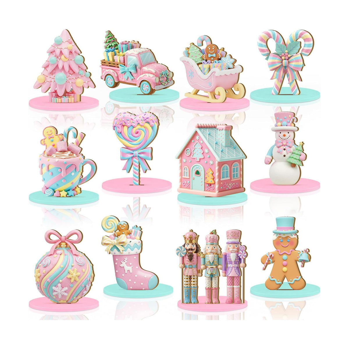 Leinuosen 12 Pcs Christmas Table Decoration Pastel Christmas Tiered Tray Decor Pink Wooden Gingerbread Candy Centerpieces Nutcracker Truck Snowman Signs for Xmas Gift Home Kitchen Coffee Bar Shelf