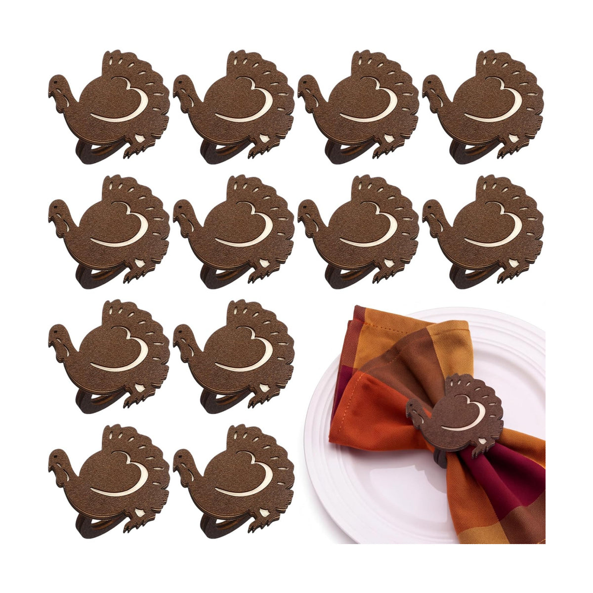 Roshtia 12 Pcs Wooden Fall Napkin Rings Thanksgiving, Turkey