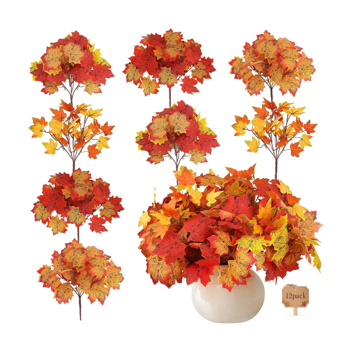 12 Pcs Fall Leaves Stems, 14.9'' Artificial Maple Leaves Branches