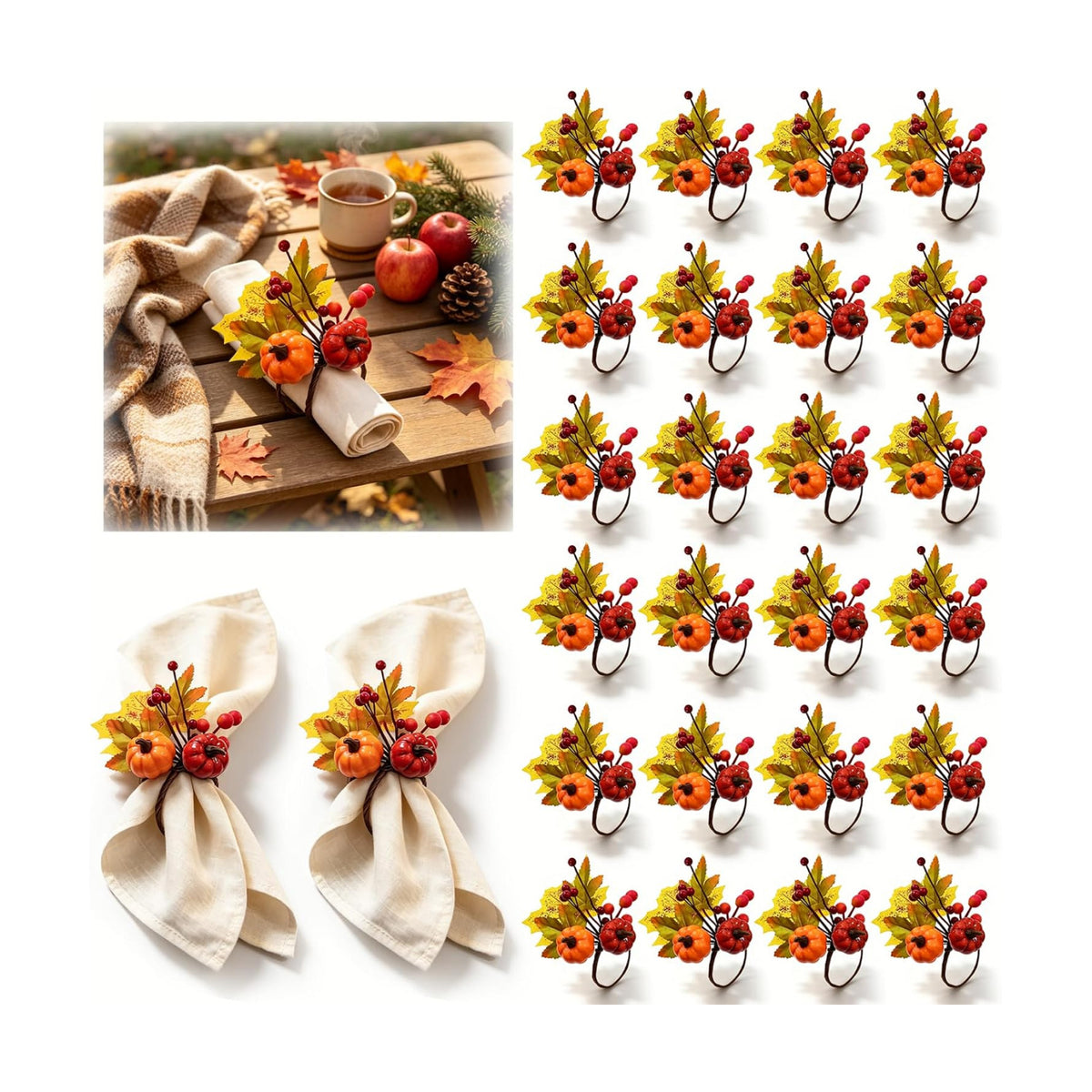 24 PCS Fall Napkin Rings Thanksgiving Napkin Rings Fall Napkin Holder Buckles with Maple Leaves Berries Autumn Harvest Table Decor for Dinner Party Banquet Wedding