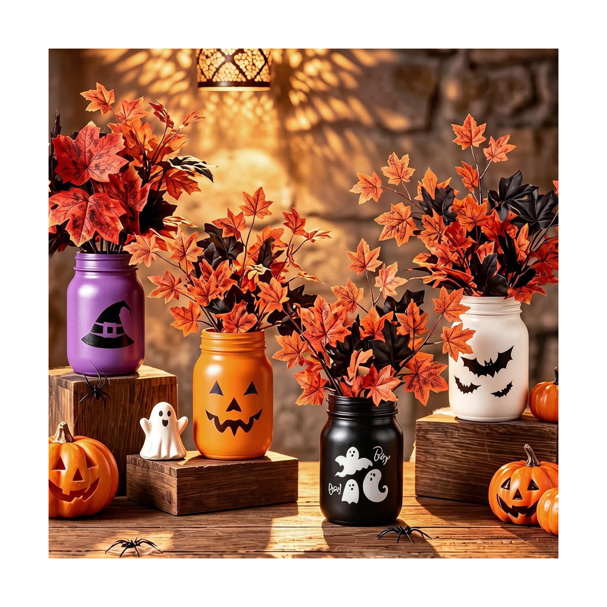 LemonRoad 4 Pcs Halloween Centerpieces for Table Mason Jars Vase Decoration