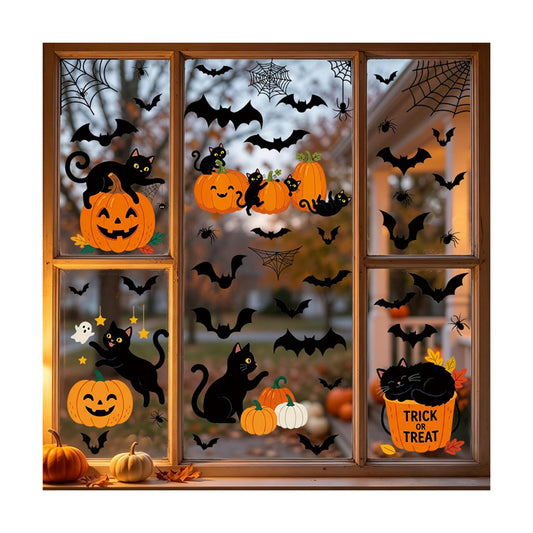Halloween Black Cat Pumpkin Window Clings, Double Sided Bat Spider Web Stickers for Party