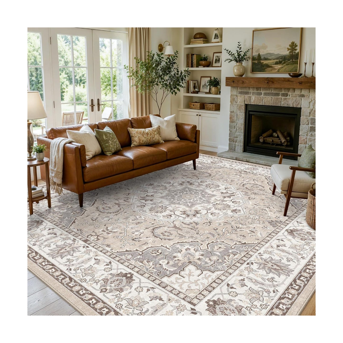 Living Room 12x12 Square Area Rug: Stain Resistant Washable Beige Vintage Rug Low-Pile Soft Floor Carpet for Bedroom