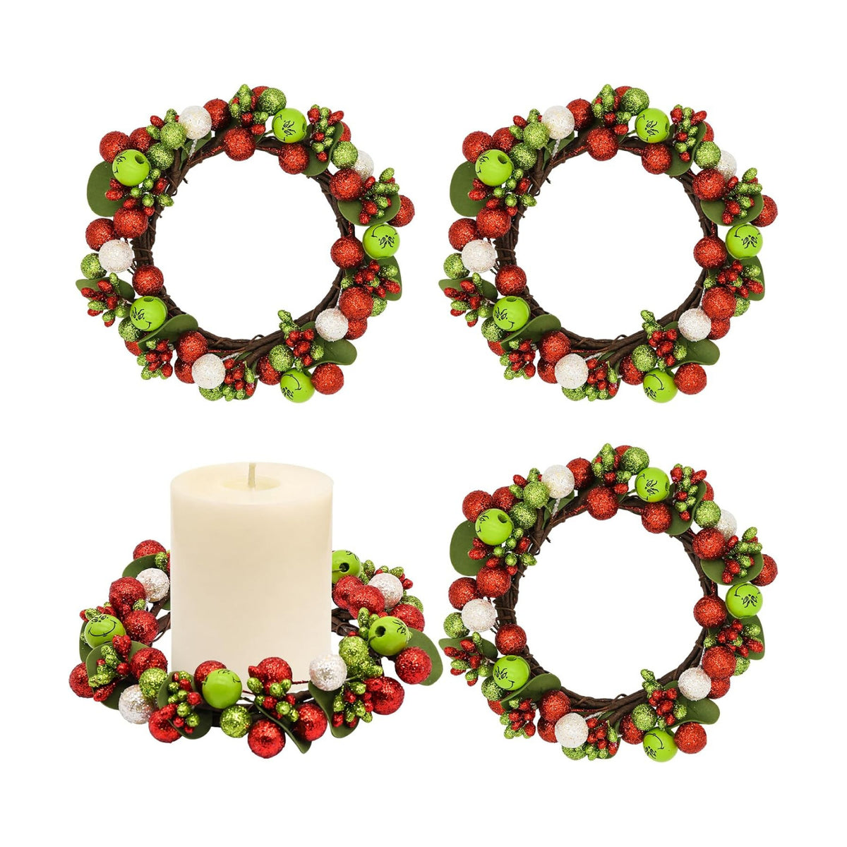 4 Pack Green Christmas Table Candle Rings, Farmhouse Berry Wreaths
