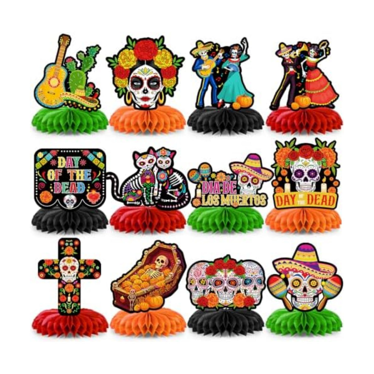 12Pcs Day of the Dead Honeycomb Centerpieces Decorations Dia De Los Muertos Altar Table Decorations Double Side Sugar Skull Table Centerpieces for Mexican Day of The Dead Halloween Party Supplies