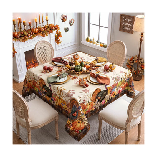 Thanksgiving Tablecloth Square 70 x 70 Inch, Stain Resistant Machine Washable Fabric Polyester Turkey Harvest Table Cloth Square Thanksgiving Tablecloth Table Cover for Kitchen Dining Party