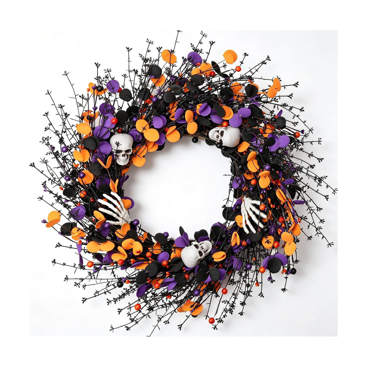 zjlmit Halloween Wreath 24 Inch Halloweeen Wreaths for Front Door Handmade Skull Wreaths with White Skeleton Hand Black Eucalyptus Leaves Orange Berries for Window Porch Indoor Party Holiday Wall Home