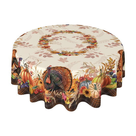 Thanksgiving Tablecloth Round 90 Inch, Stain Resistant Machine Washable Fabric Polyester Turkey Harvest Table Cloth Round Thanksgiving Tablecloth Table Cover for Kitchen Dining Party