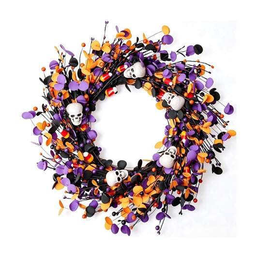 Halloweeen Wreath with White Skull 22 Inch Halloween Wreaths for Front Door with Black Eucalyptus Leaves White Skull Orange Berries for Window Porch Indoor Party Holiday Wall Home