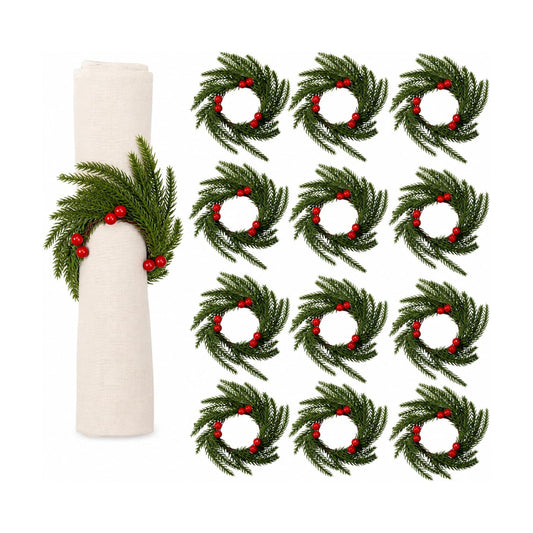 12 Pcs Christmas Napkin Rings Wreath Napkin Holder, Red Berry