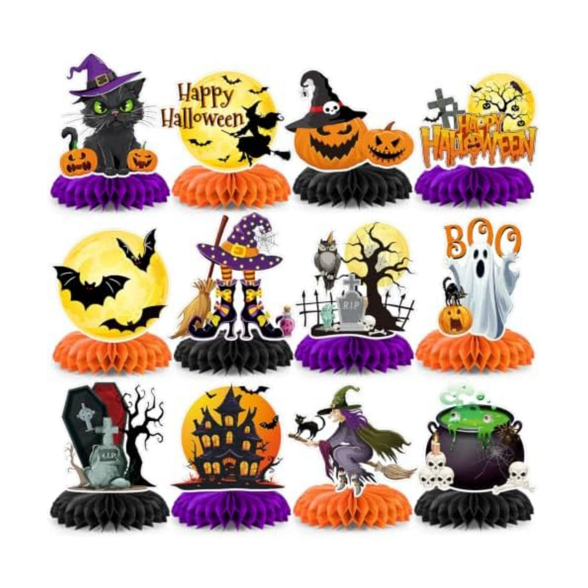 12Pcs Halloween Party Decorations Halloween Honeycomb Centerpieces for Table Double Side Spooky Witches Pumpkins Ghosts Table Centerpieces for Halloween Party Home Indoor Office Supplies Decorations