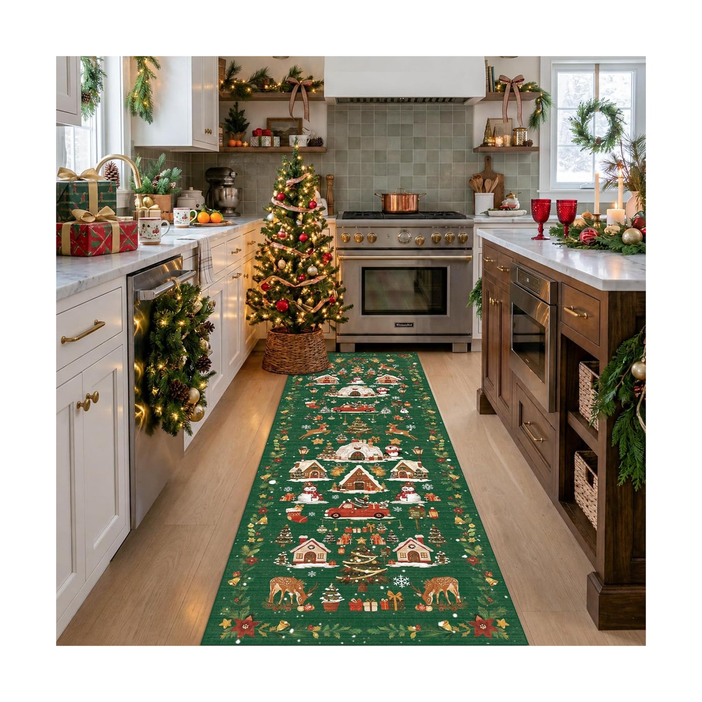 Washable Christmas Rug Runner 2x6 - Xmas Snowflake Green Rug for Kitchen Entryway Non Slip Farmhouse Low Pile Carpet