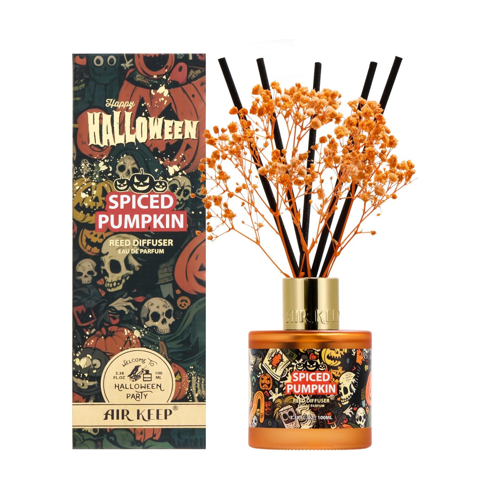 Airkeep Halloween Reed Diffuser Set,3.38 fl oz (100 ml) - Spiced Pumpkin Oil Diffusers with 8 Reed Sticks, Home