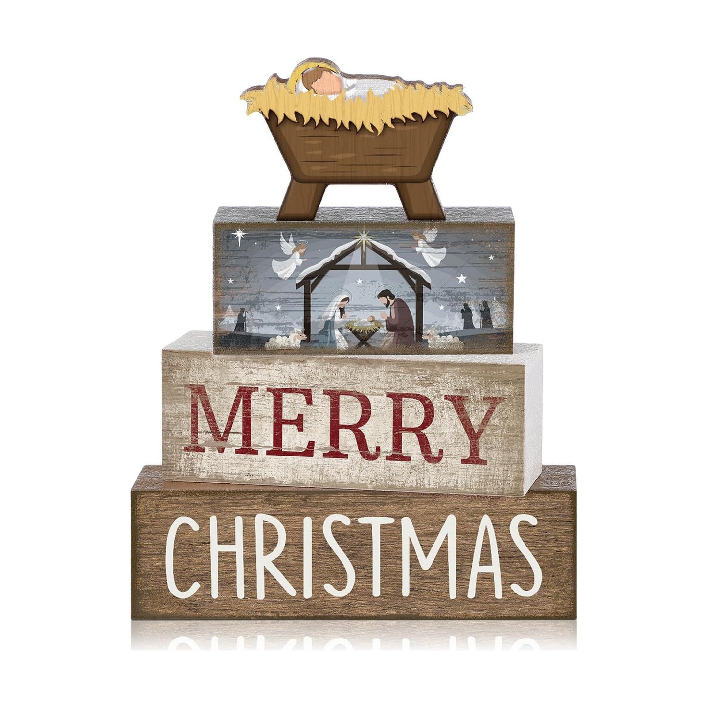 Lineshading 4 Pcs Nativity Christmas Wooden Block Signs Farmhouse Decor