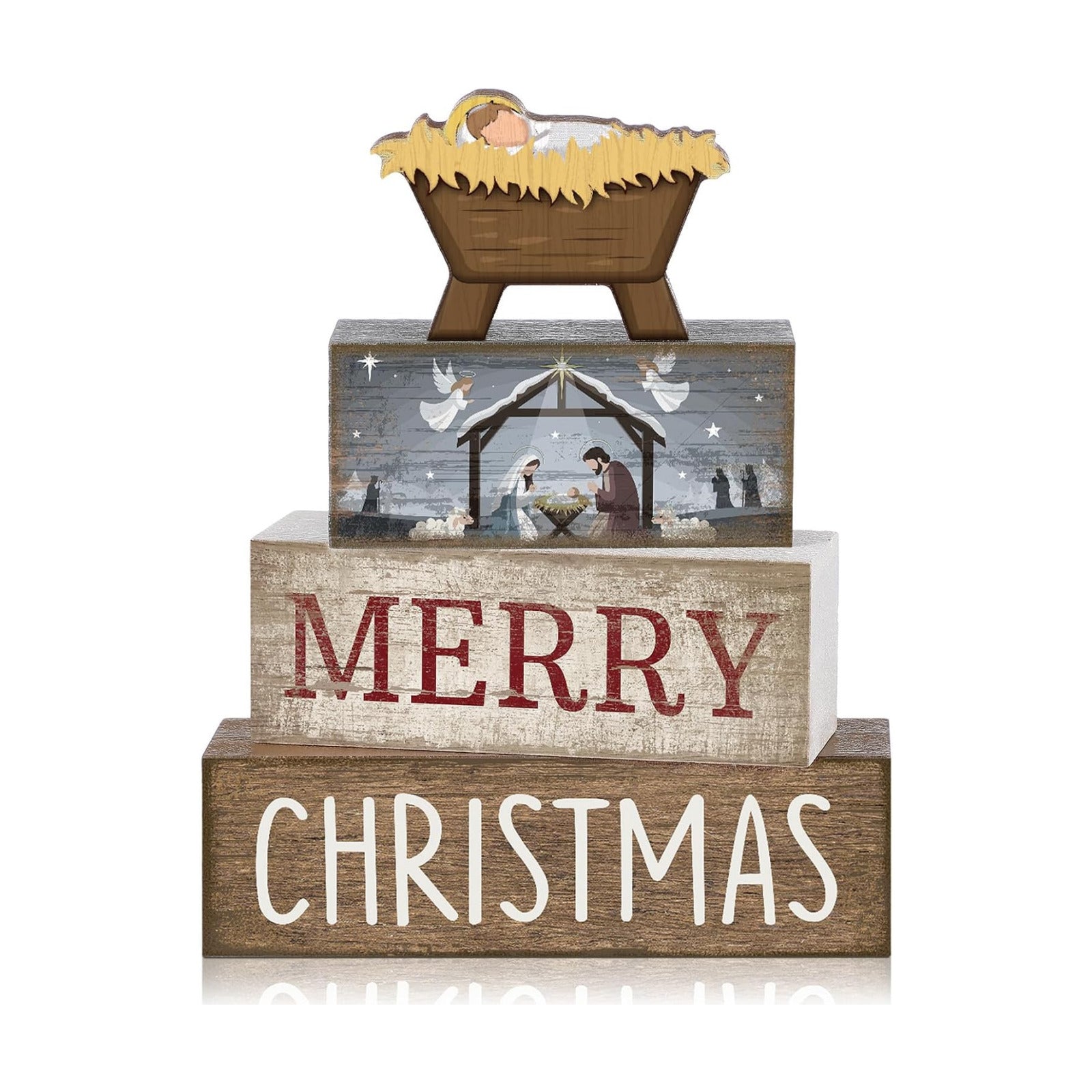 Lineshading 4 Pcs Nativity Christmas Wooden Block Signs Farmhouse Decor