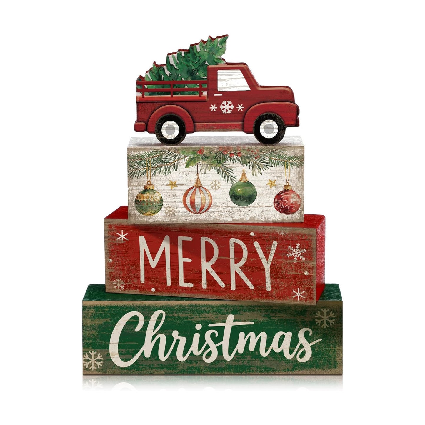 Lineshading 4 Pcs Christmas Table Decor, Red Truck Tree Block Sign Home