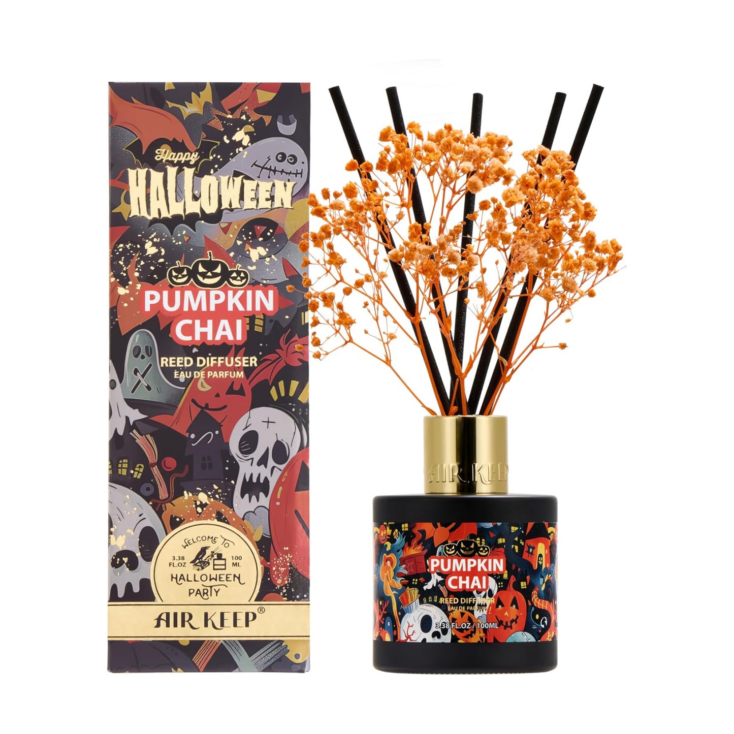 Airkeep Halloween Reed Diffuser Set,3.38 fl oz (100 ml) - Pumpkin Chai Oil Diffusers with 8 Reed Sticks, Home Fragrance
