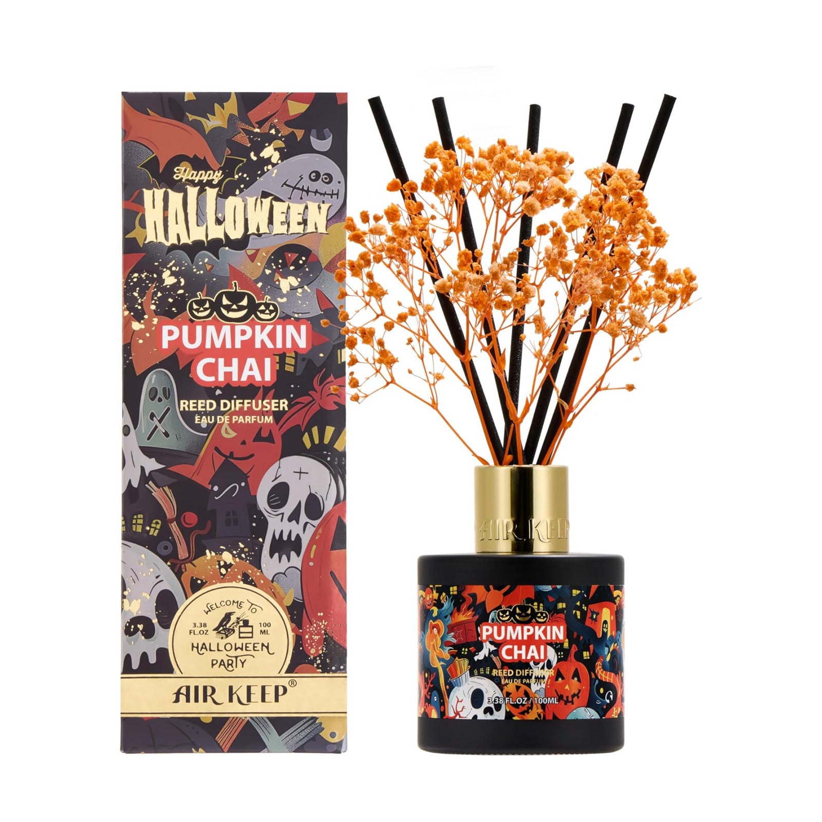 Airkeep Halloween Reed Diffuser Set,3.38 fl oz (100 ml) - Pumpkin Chai Oil Diffusers with 8 Reed Sticks, Home Fragrance