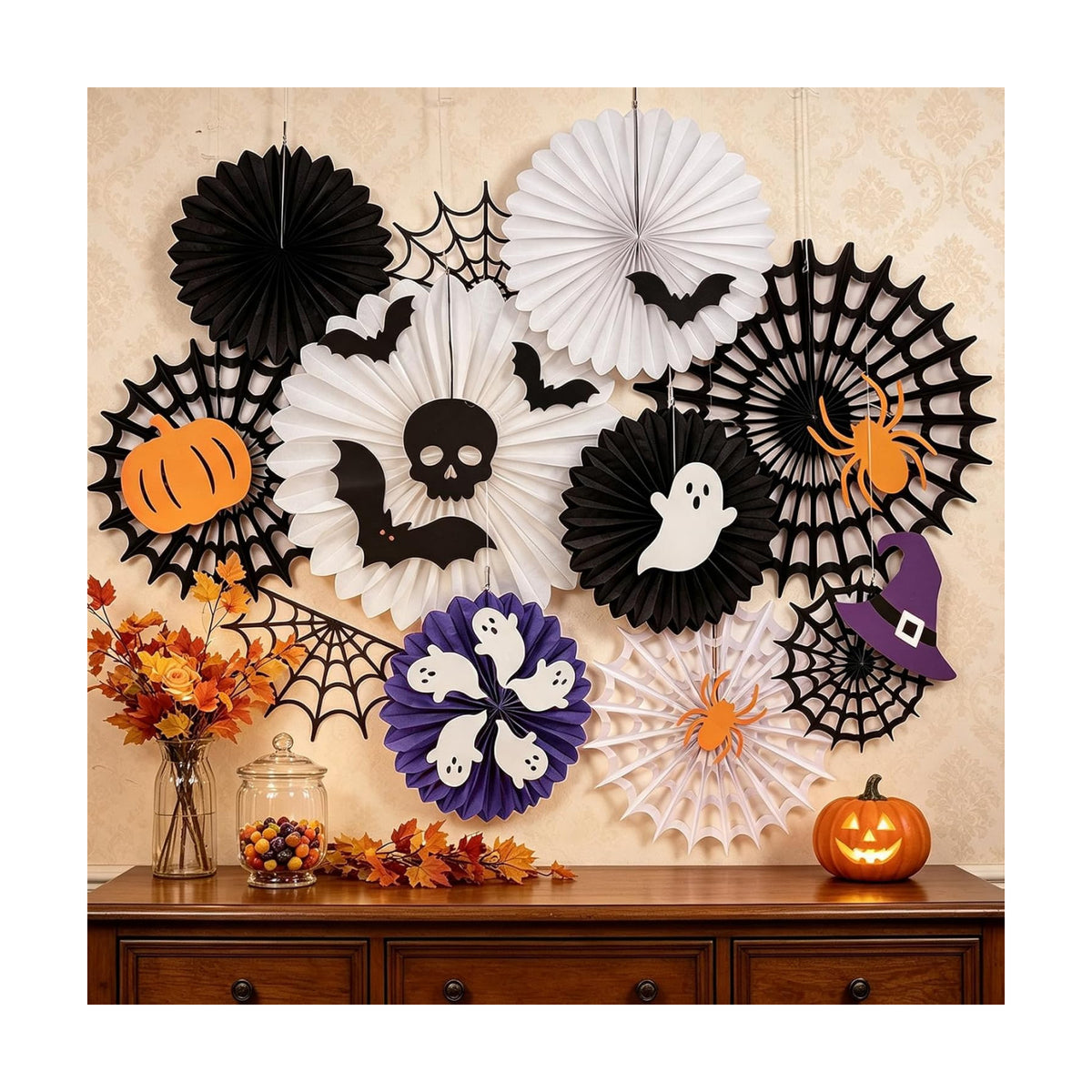 SUNBEAUTY Halloween Decorations Hanging Spider Web Paper Fan Spiderweb Pumpkin Ghost Bat Wall Stickers Black White Orange Halloween Party Decor Indoor Outdoor Scary Home Haunted Party Supplies