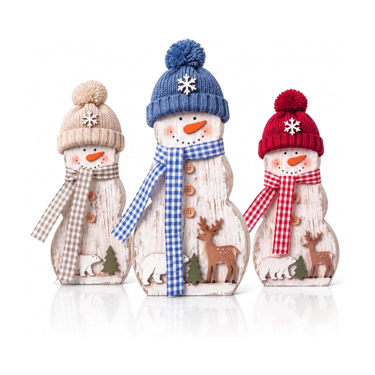 Suzile 3 Pcs Wooden Snowman Figurines, Christmas Tabletop Decor