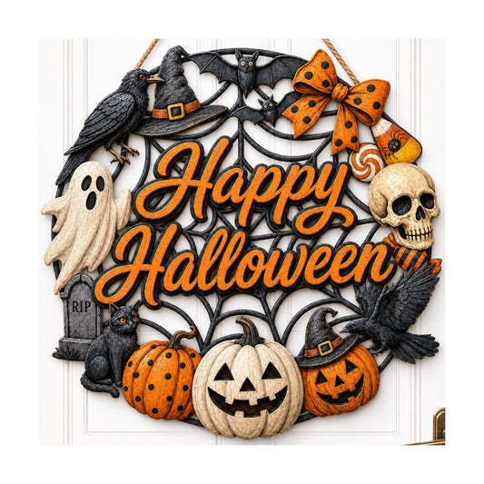 Halloween Wreath for Front Door Wooden Ghost Pumpkin Door Sign Wall Decor