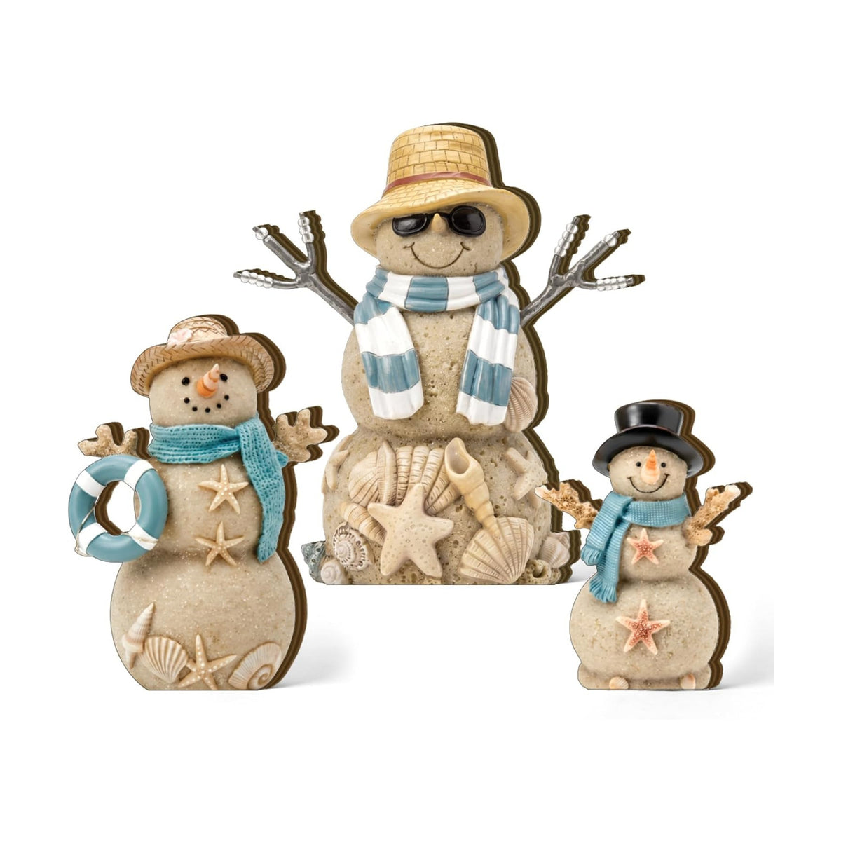 Suzile 3 Pcs Coastal Blue Snowman Wooden Decorations, Winter Decor