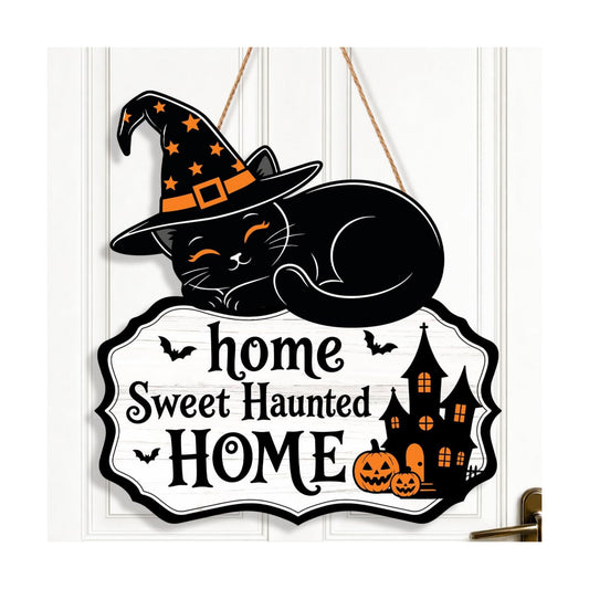 Halloween Decoration Wreath for Front Door Wooden Black Cat Door Decor