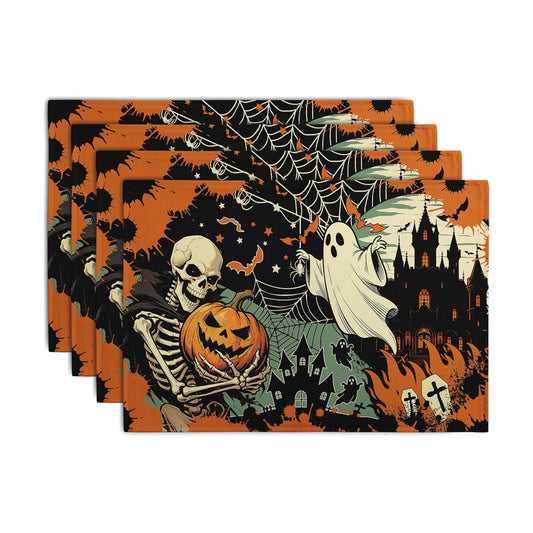 Halloween Skeleton Ghost Placemats Set of 4 12x18 Inch Spooky Pumpkin Bat Table Mats Vintage Rustic Farmhouse Place Mats for Party Kitchen Dining Decor