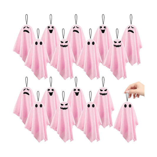 16 Pack Halloween Small Hanging Ghost 8.27Inch Pink Ghosts Tree Ornaments for Front Yard Porch Patio Lawn Garden Indoor Outdoor Holiday Party Decor