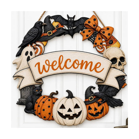 Halloween Welcome Wreath for Front Door Wooden Pumpkin Ghost Door Decor