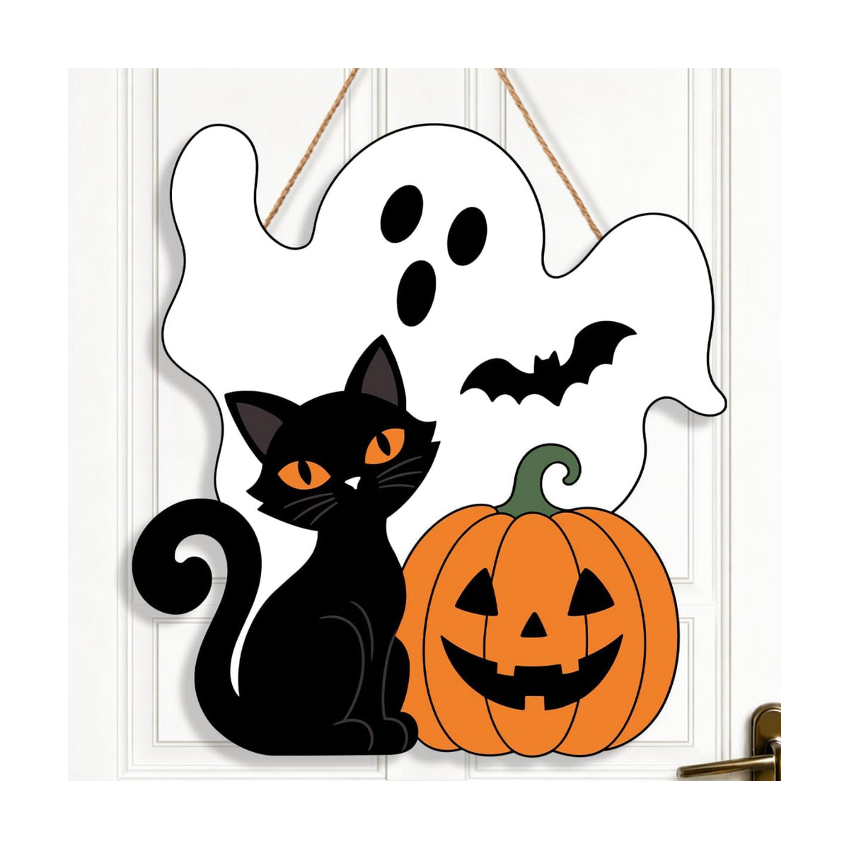 Halloween Ghost Wreath for Front Door Wooden Black Cat Pumpkin Door Decor