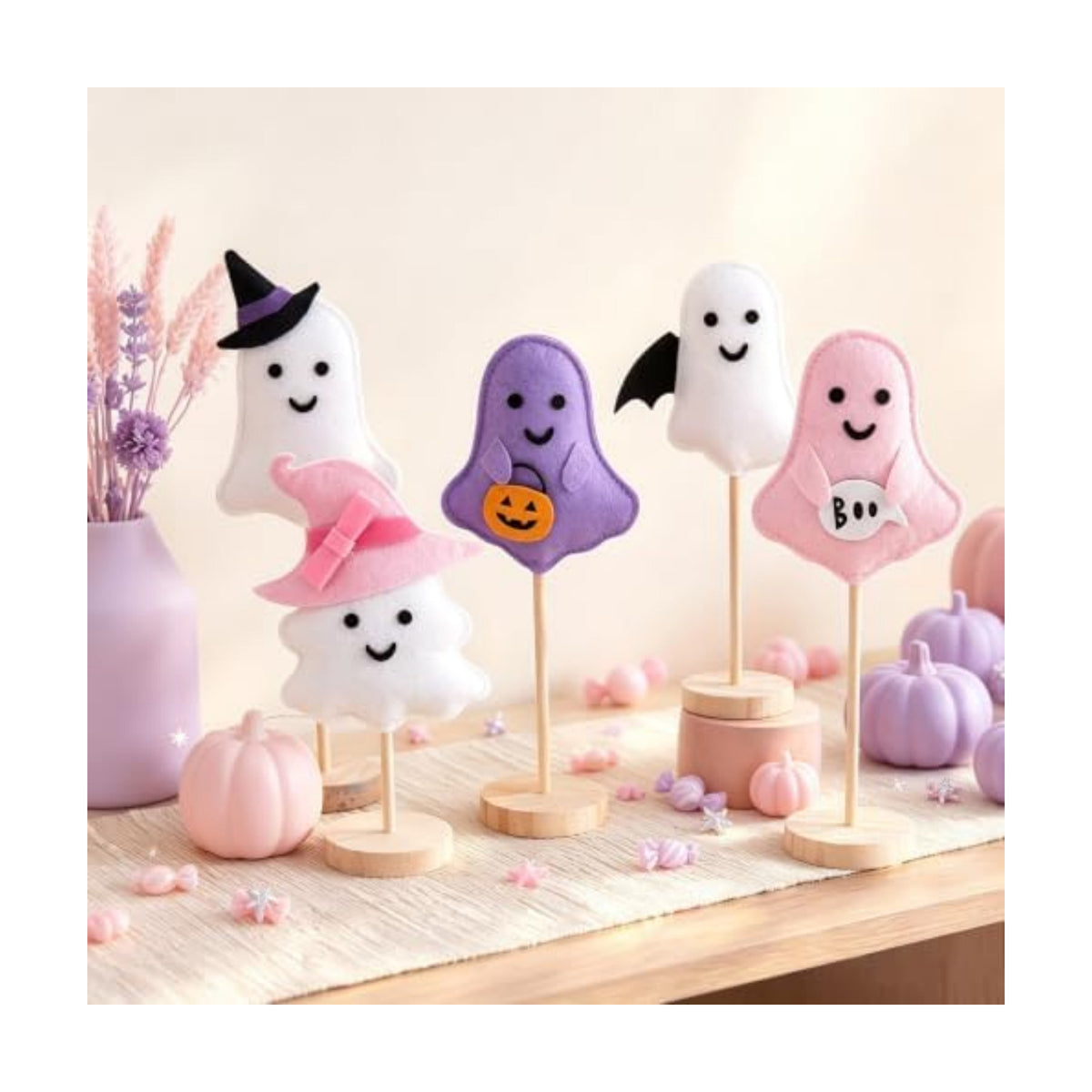 SUNBEAUTY Pink Halloween Decor Pink Felt Ghost Halloween Table Decorations, 5Pcs Cute Ghost Witch Hat Bat Wings, Boo, Pumpkin Centerpieces for Home Mantel Tabletop Desk Office Tray Decor