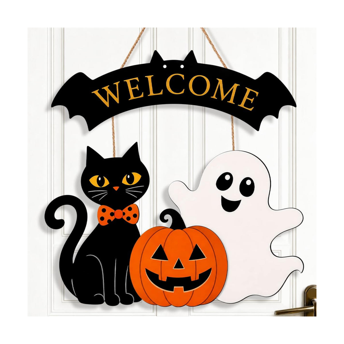 Halloween Welcome Wreath for Front Door Wooden Black Cat Ghost Door Decor