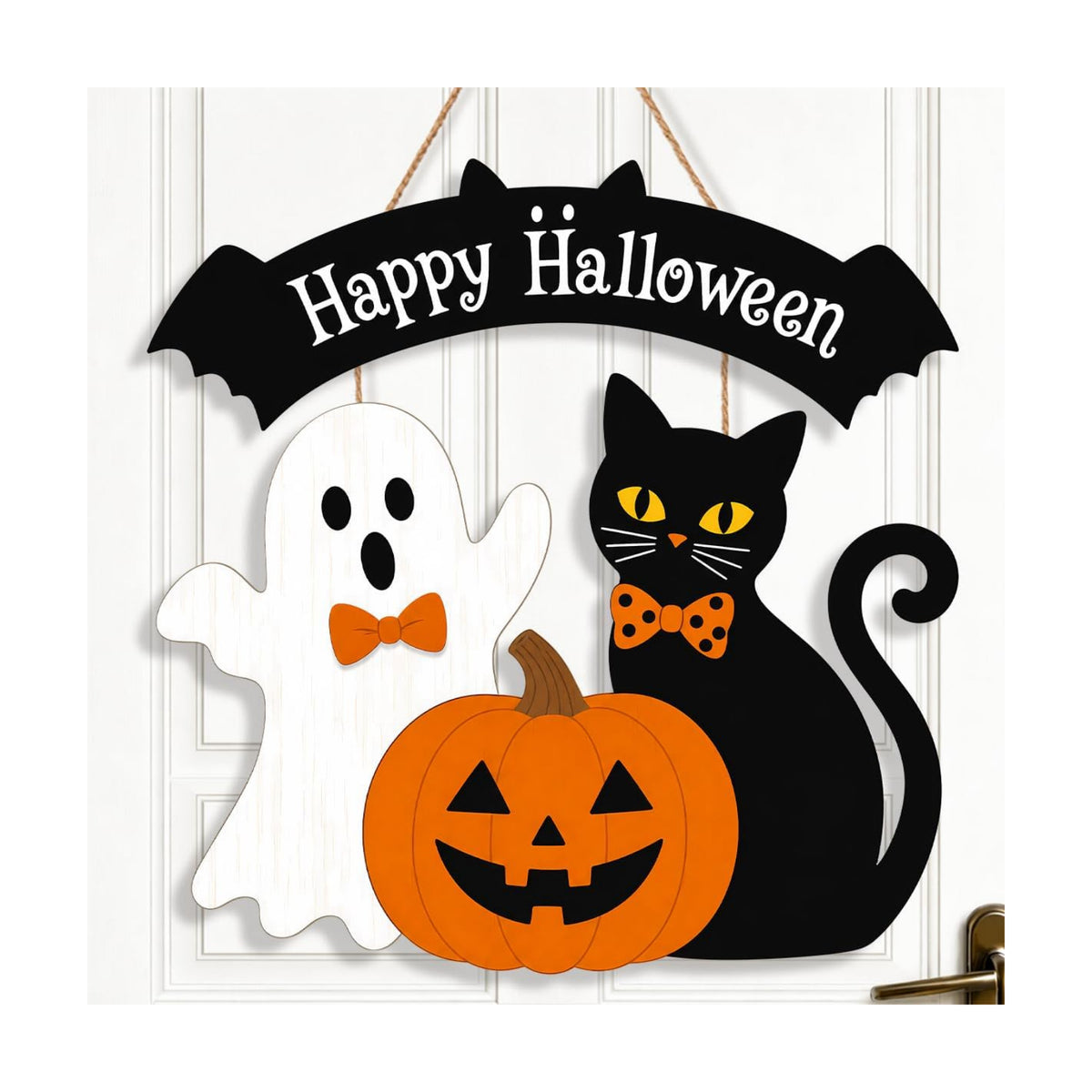 Halloween Welcome Wreath for Front Door Wooden Ghost Black Cat Door Decor