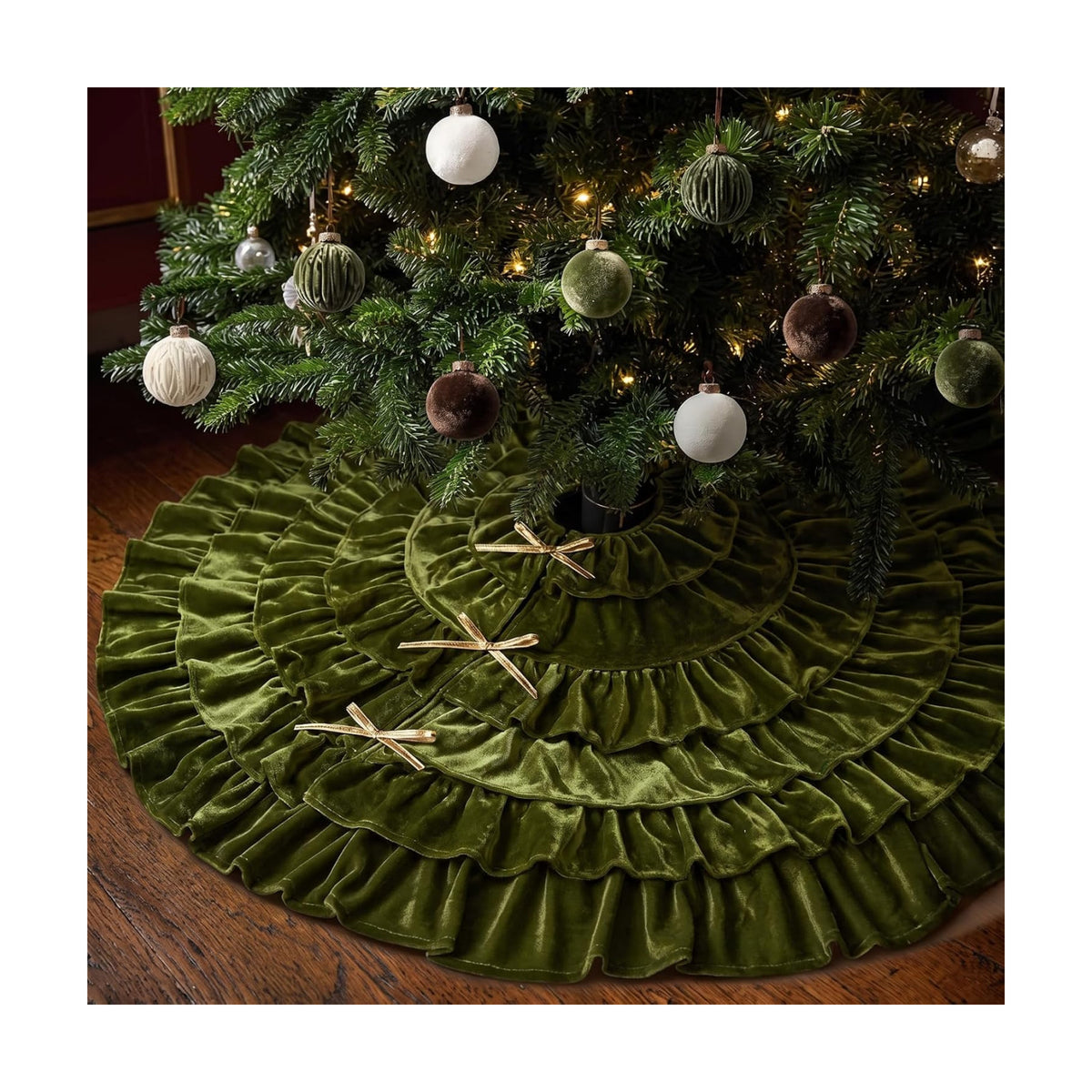 Velvet Christmas Tree Skirt, 48 Inches, 5-Tier Ruffle, Olive Green