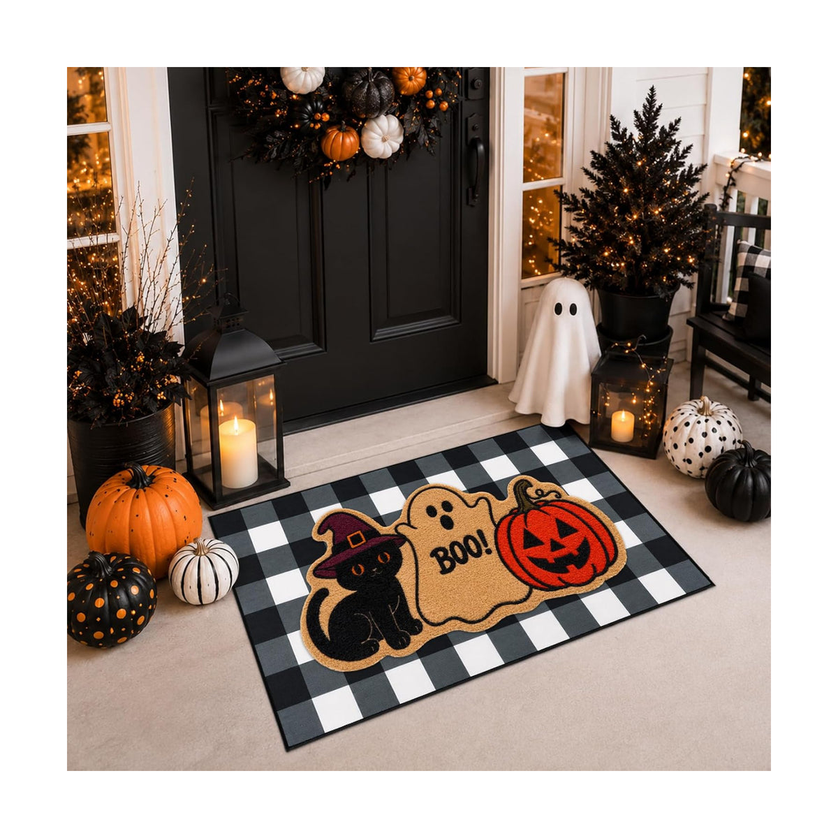 2 Pcs Halloween Welcome Door Mat-Black Cat Ghost Pumpkin Coir Door Mat Set