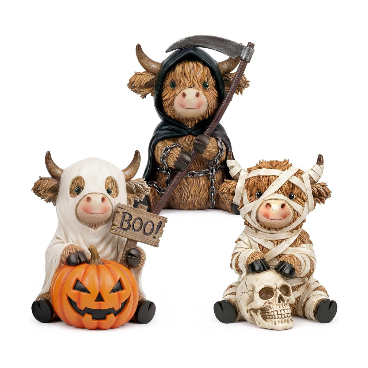 3 Pcs Halloween Highland Cow Figurines, Mummy Reaper Ghos Decor