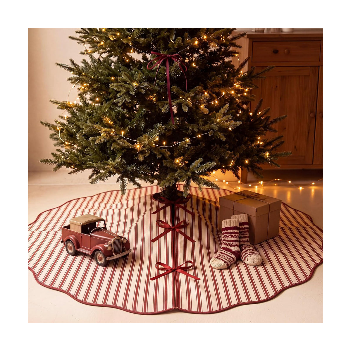 Soaoo 48" Dark Red Striped Christmas Tree Skirt, Primitive Xmas Tree Skirt