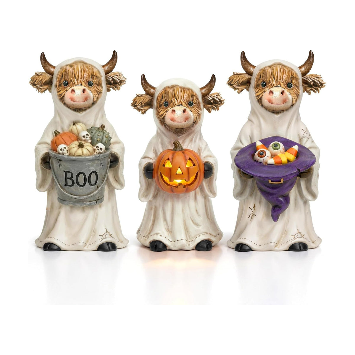 3 Pcs Halloween Highland Cow Figurines, Ghost with Pumpkin Decor